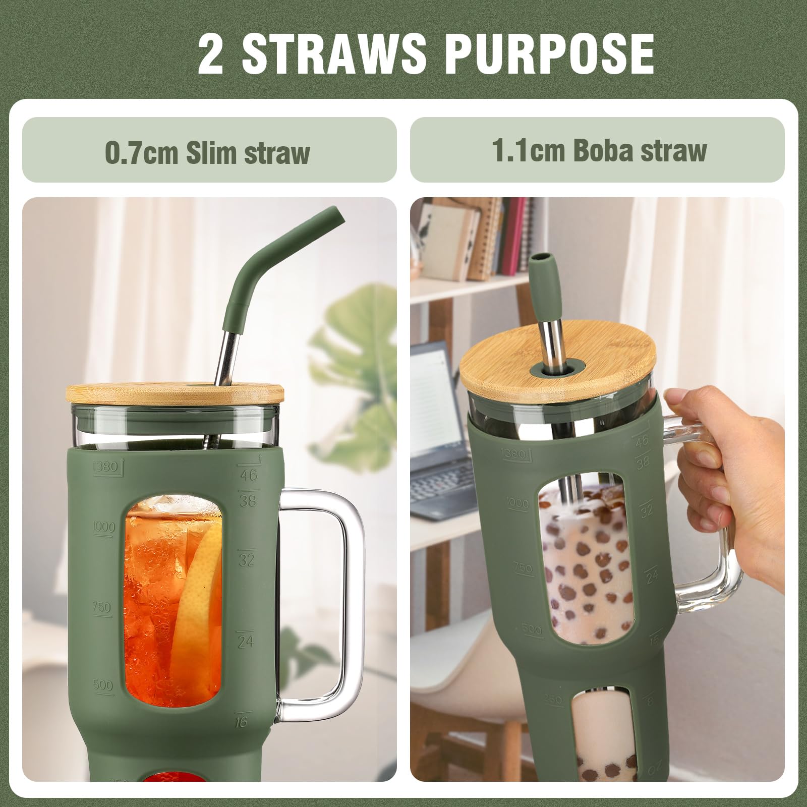 BLUEGO Tumbler becher mit Deckel und Strohhalmen, 1400ml Kaffeebecher To Go mit Henkel, Trinkbecher mit Silikonhülle, 1,4 L Tumbler becher mit 2 Strohhalmen, BPA-frei, Olive 3