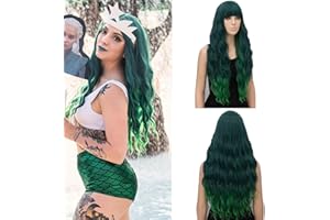 Netgo Green Ombre Wig for Women Long Wavy Heat Resistant Fiber Wigs Side Bangs Cosplay Party