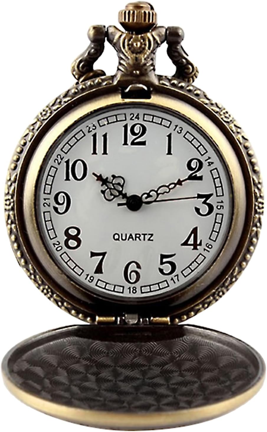 Pocket Watch Mens Antique Bronze Color Alloy Necklace Pendant with Iron Chain White Dial Quartz Watches