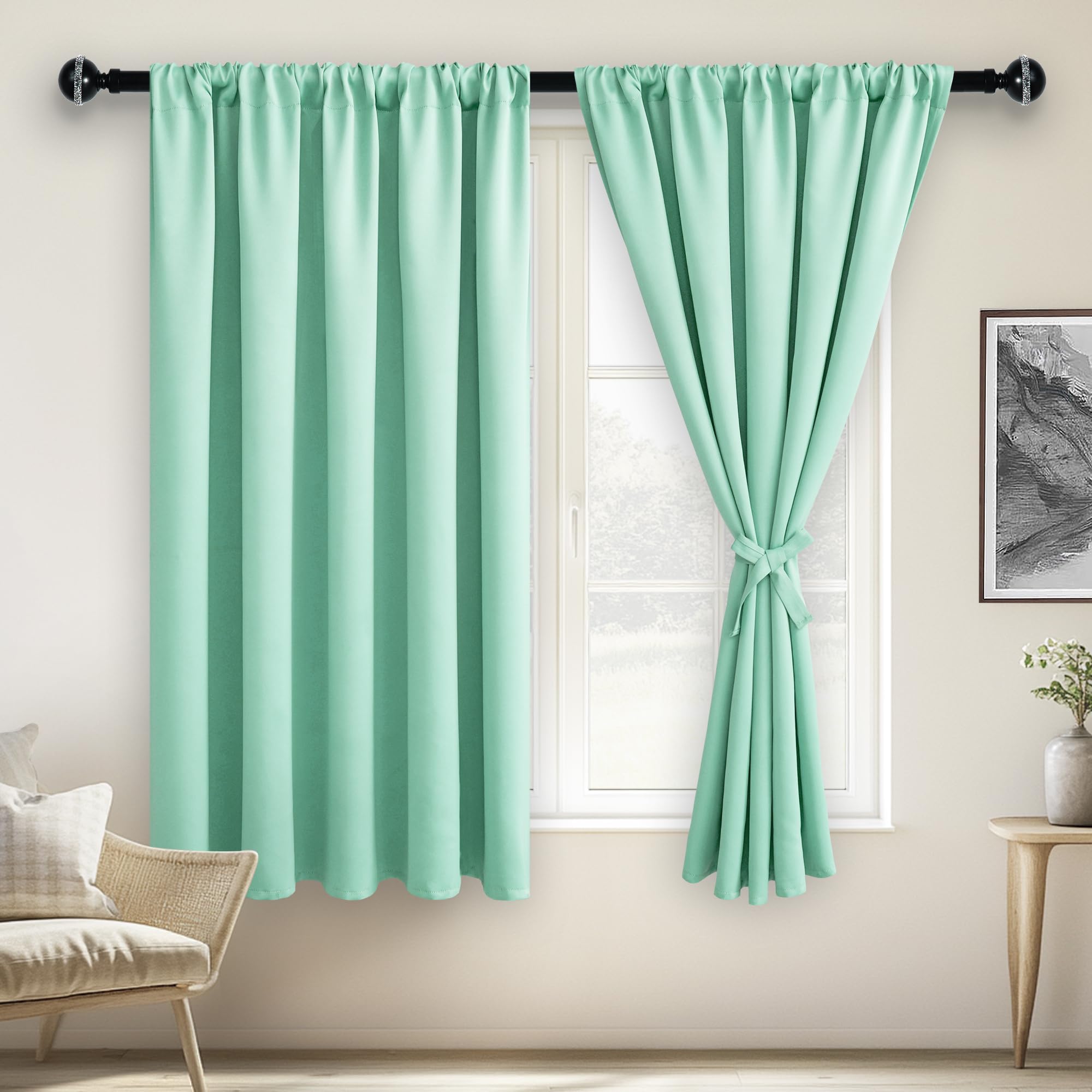 JIUZHEN Blackout Curtains for Bedroom - 60 Inch Extra Wide Thermal Insulated Room Darkening Privacy Soundproof Curtains for Living Room/Dorm Room, Set of 2 Panels, 60 x 63 inches,Mint Green Image