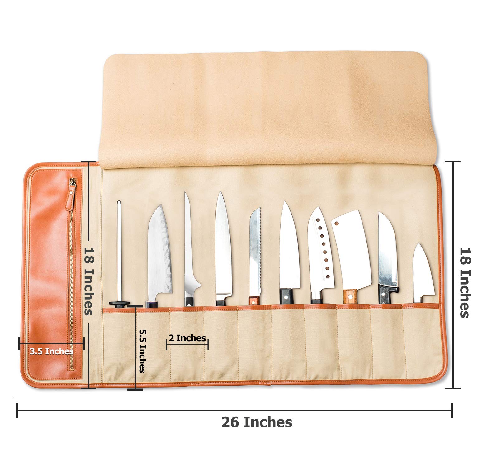 Chef Knife Roll Bag Carrying Case Holds 10 Knives PLUS Zipper for