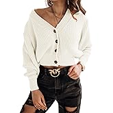 Febriajuce Women's Long Sleeve V-Neck Button Down Rib Knit Cropped Cardigan Sweater