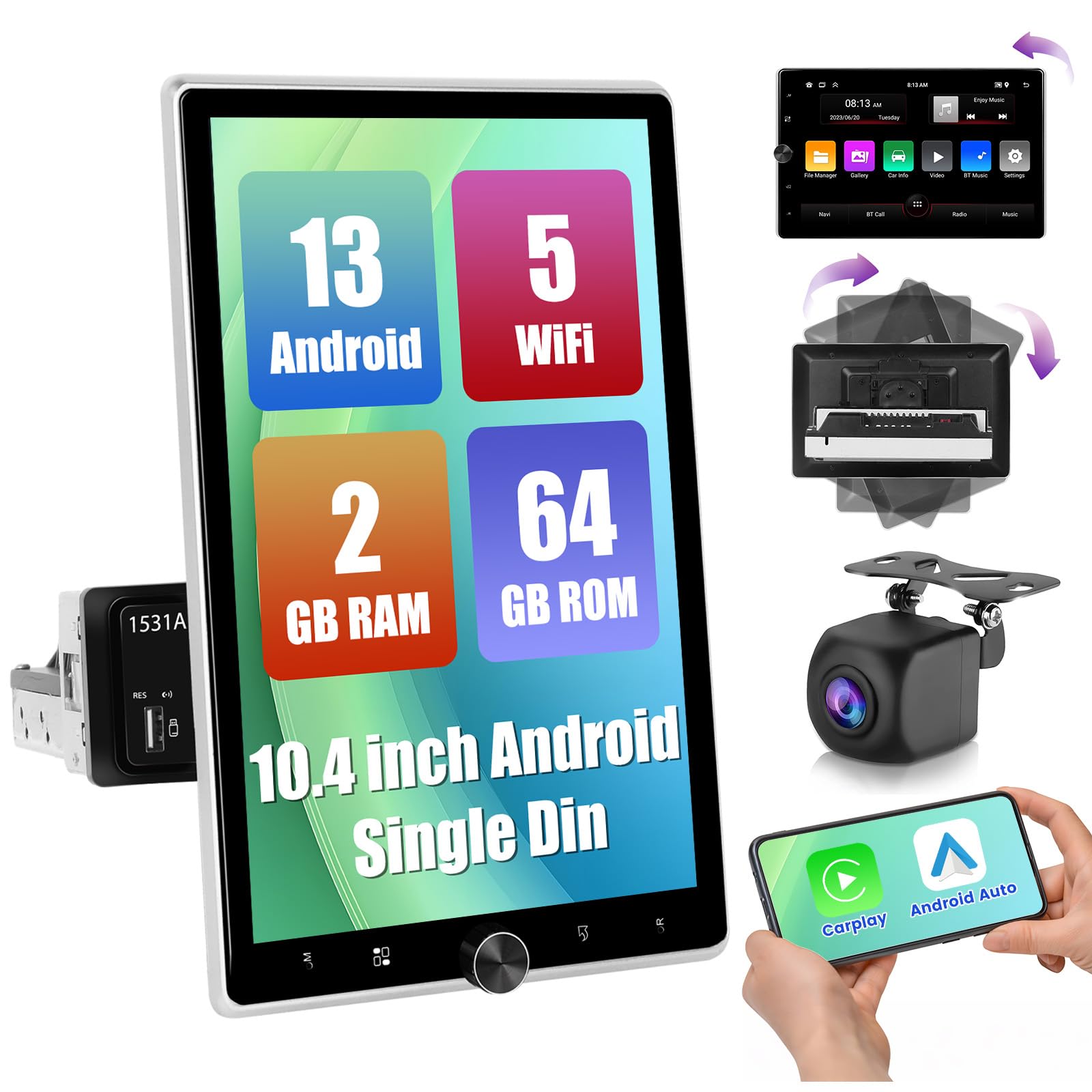 Photo 1 of [2+64G] Hikity Android 13 Single Din Car Stereo, 10.4 Inch Vertical Radio with Wireless Carplay Android Auto Rotatable Touchscreen Car Radio, GPS WiFi Bluetooth EQ Split Screen SWC Mic Backup Camera