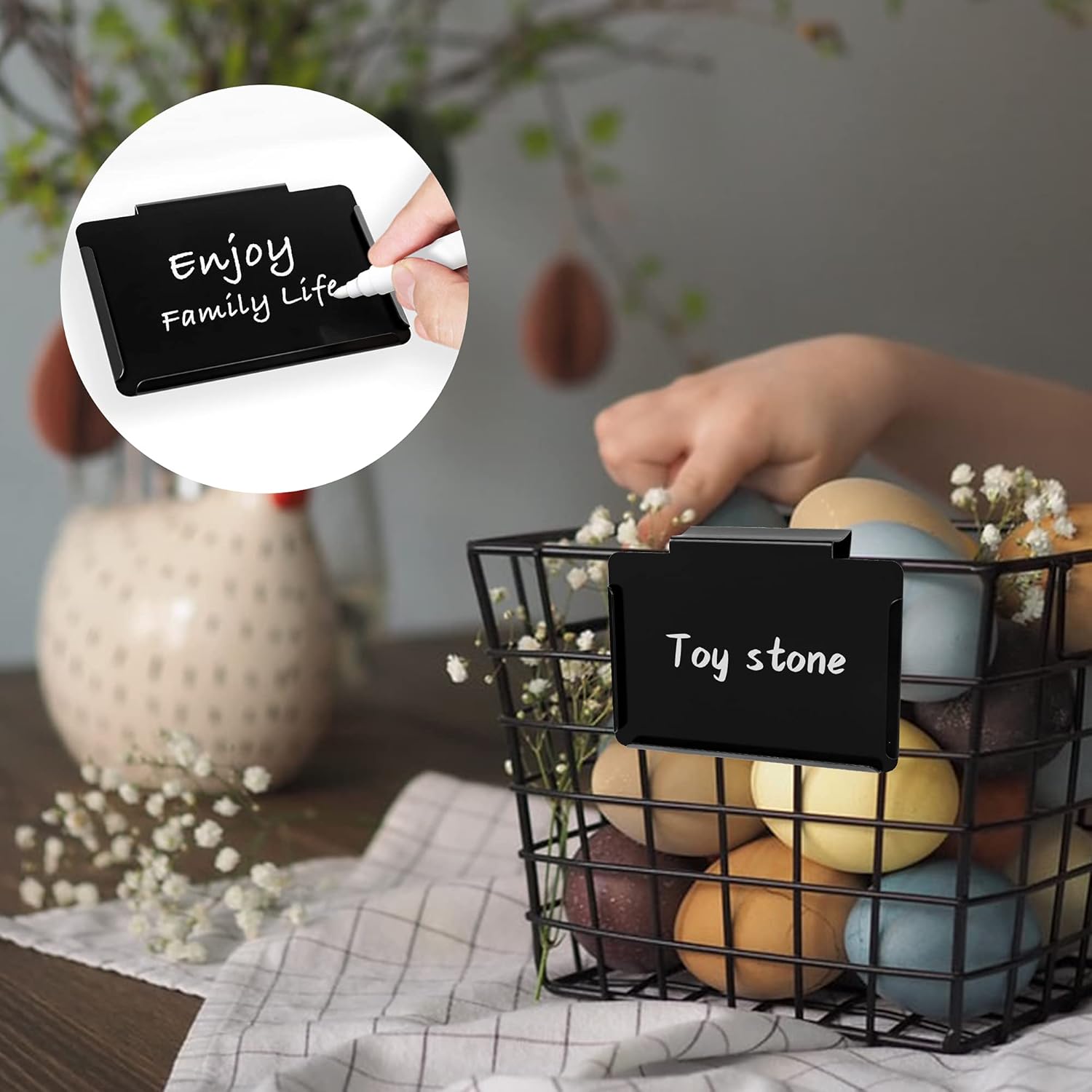 Black Basket Label Clips Removable Labels Metal Clip On Label Holders Pantry Labels for Storage Basket Bins/Box (6 Chalk Labels + 1 White Chalk Marker) : Office Products