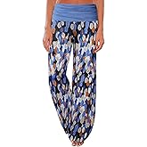 Gracyoga Women's Comfy Pajama Pants Wide Leg Lounge Palazzo Yoga Pants Stretch Casual Floral Print Fold Waist Pants