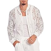 WDIRARA Men's Sheer Floral Lace Bomber Jackets Long Sleeve See Through Coats Zip Up Outerwear