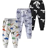 AQEACARMON Toddler Baby Boy's Cartoon Print Dinosaur Car Animal Cotton Pants Drawstring Elastic Sweatpant(2-Pack 3-Pack)