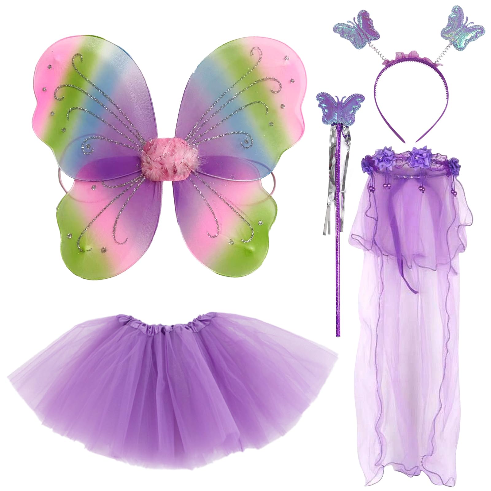 BDSHUNBF 5 Pcs Fairy Wings & Dressing Up Costume Set for Girls - Butterfly Wings, Magic Wand, Tutu & Headband