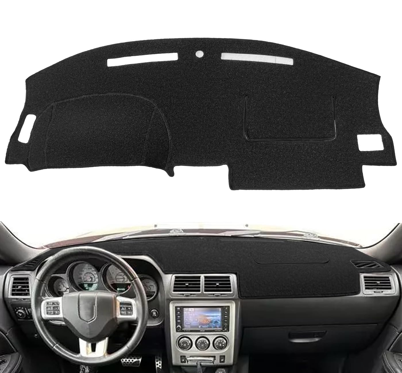 Photo 1 of Dash Cover Mat for Dodge Challenger with Light Sensor w/o Speaker Cutout, Dashboard Pad Carpet Protector K185 (Black)