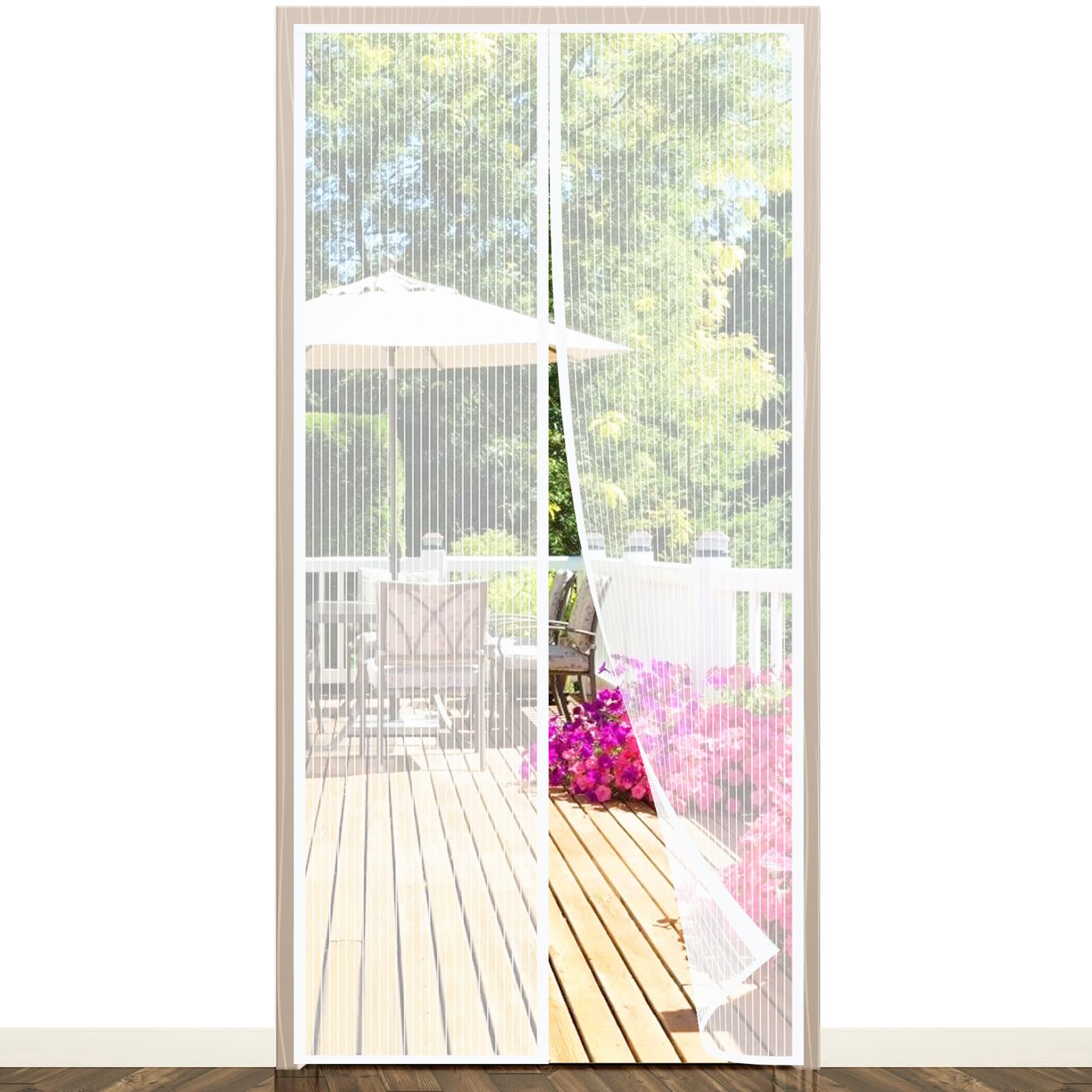 Magnetic Fly Screen Door, EGNBU Anti Mosquito Fly Curtain Door Screens Nets, Top-to-Bottom Seal Snaps Shut Automatically, Keep Fresh Air in&Bugs Out, Install without Drilling (90x210cm White）