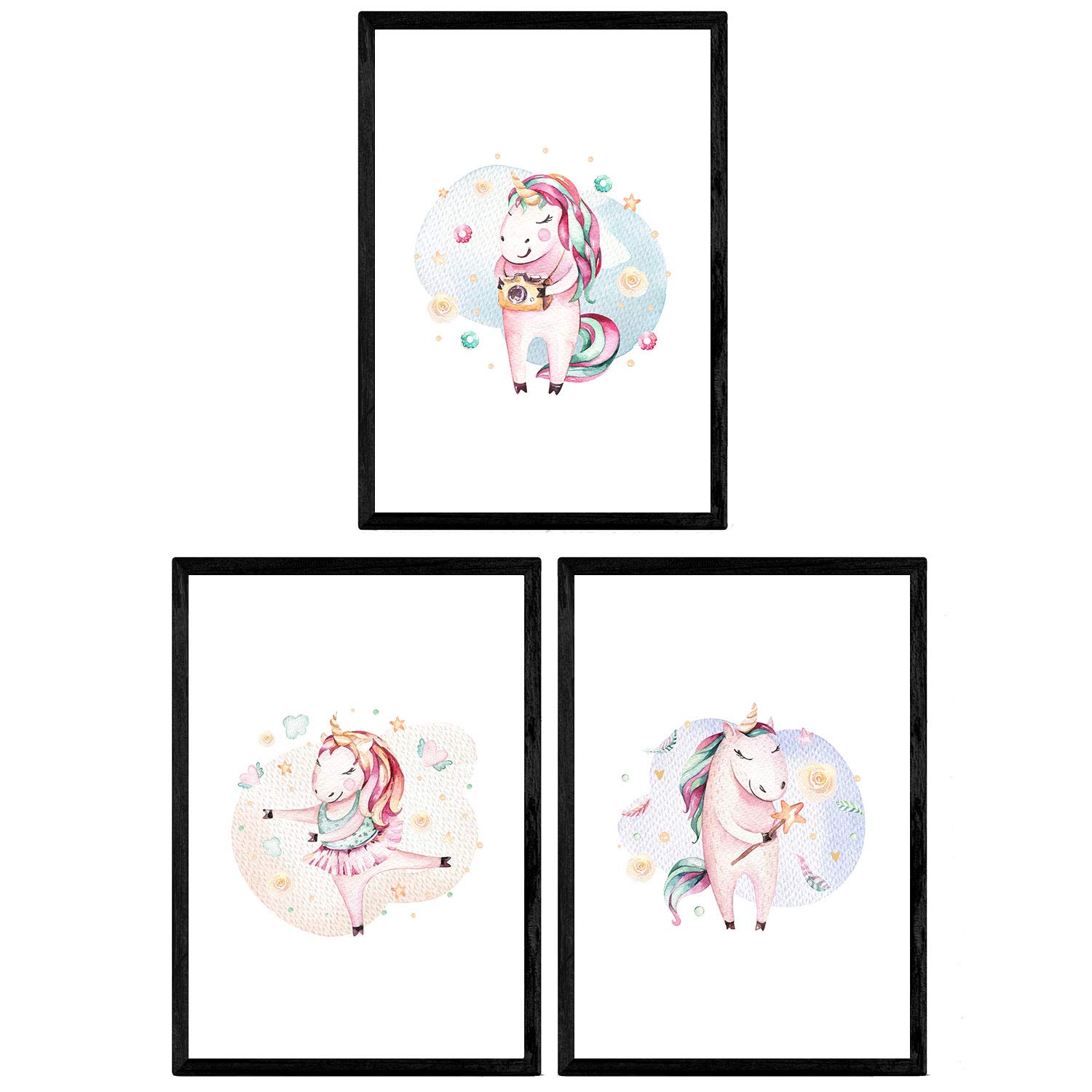 Nacnic Pack of three sheets with illustrations of animals. Posters with children's animal pictures. bailnado photographer unicorn fairy and unicorn. A3 size unframed