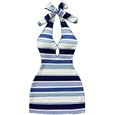 SOLY HUX Women's Striped Bodycon Halter Dress Sleeveless Cut Out Backless Beach Vacation Mini Knit Dresses