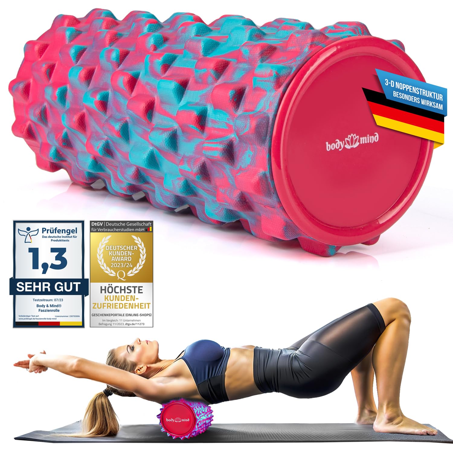 Body and Mind fascia roller, massage roller, fitness sport, therapy roller for effective massage and fascia training pink-blue