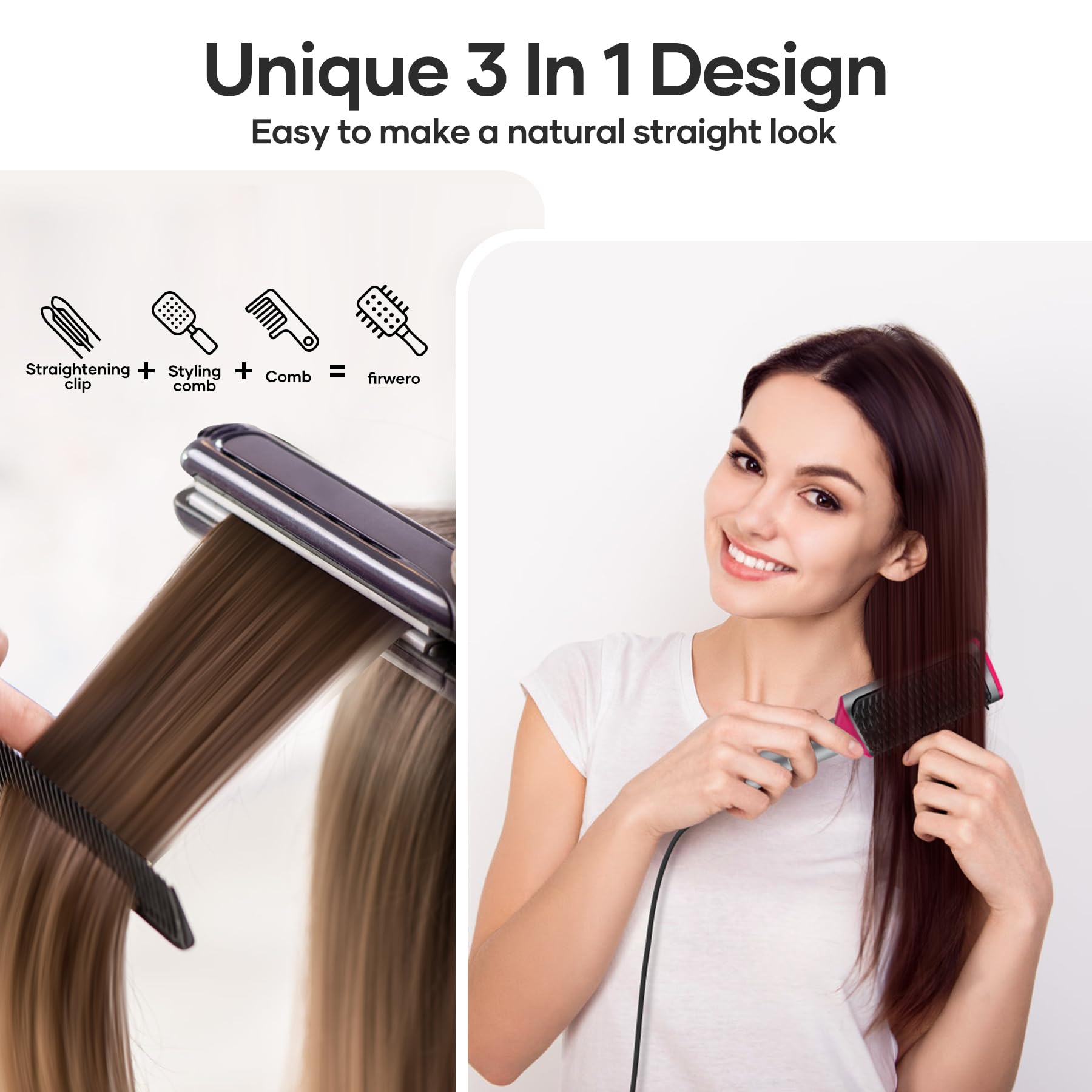 Hair Straightener Brush - Heated Brush Straightener for Women, Plus 3X Dense Bristles Ceramic Straightening Comb for Thick Curly Hair, 16 Temps, Ionic 2 in 1 Flat Iron Brush Dual Voltage Travel