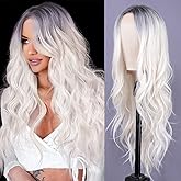 Aida ble Long Wavy White Wig for Women -26inch Middle Part Ombre White Curly Wig Heat Resistant Synthetic Hair Looking Natural, Fiber Wig for Daily Party Use