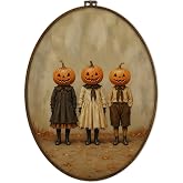 GWFSJYU Halloween Pumpkin Head Children Framed Oval Wall Art Decor, Vintage Cottagecore Fall Canvas Prints Wall Art, Spooky Gothic Thanksgiving Ghost Hanging Decor for Living Room, 8.7x11.3inch