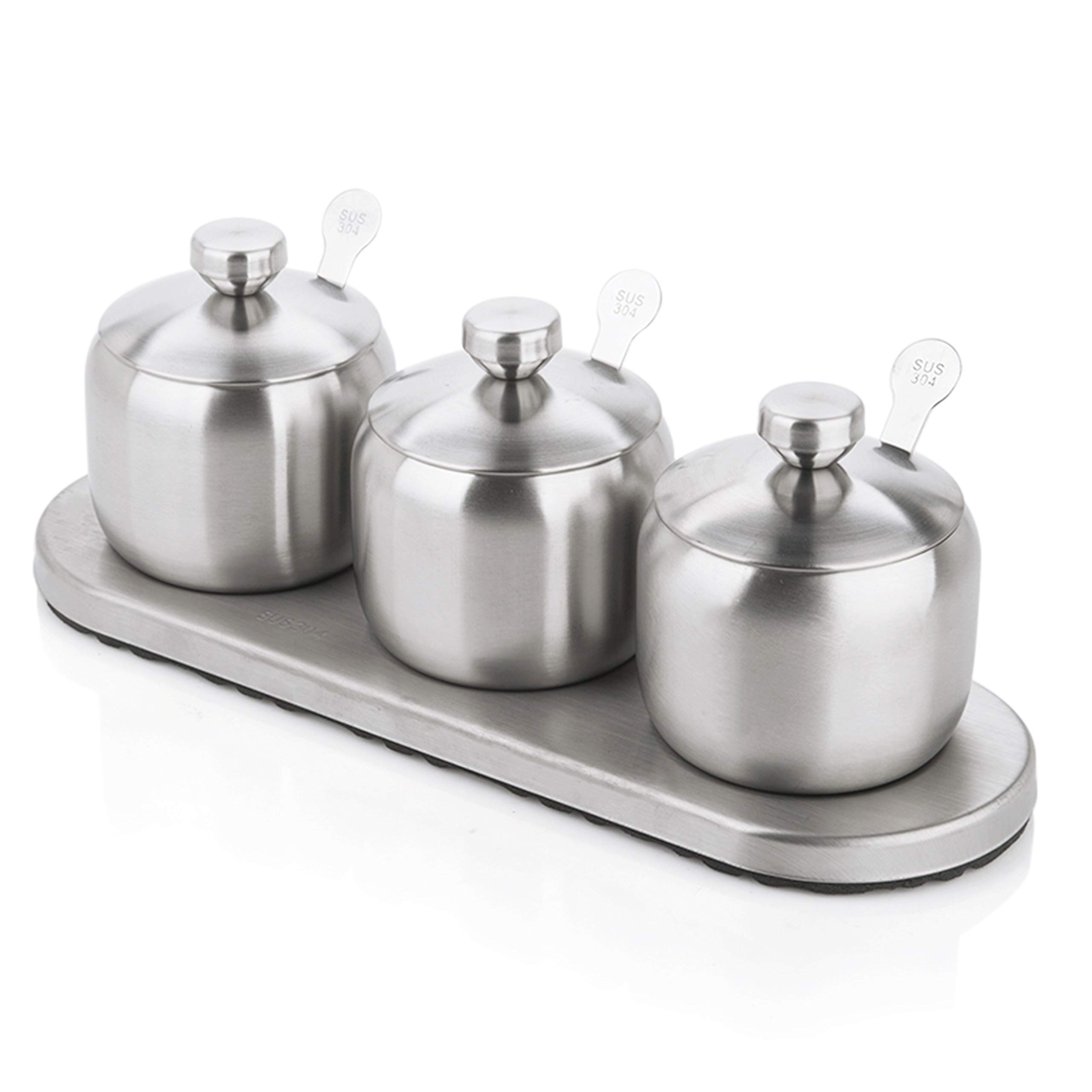 TENTA KITCHEN 18/8 Stainless Steel Seasoning Containers Set with 3 Serving Spoons And Non-slip Base