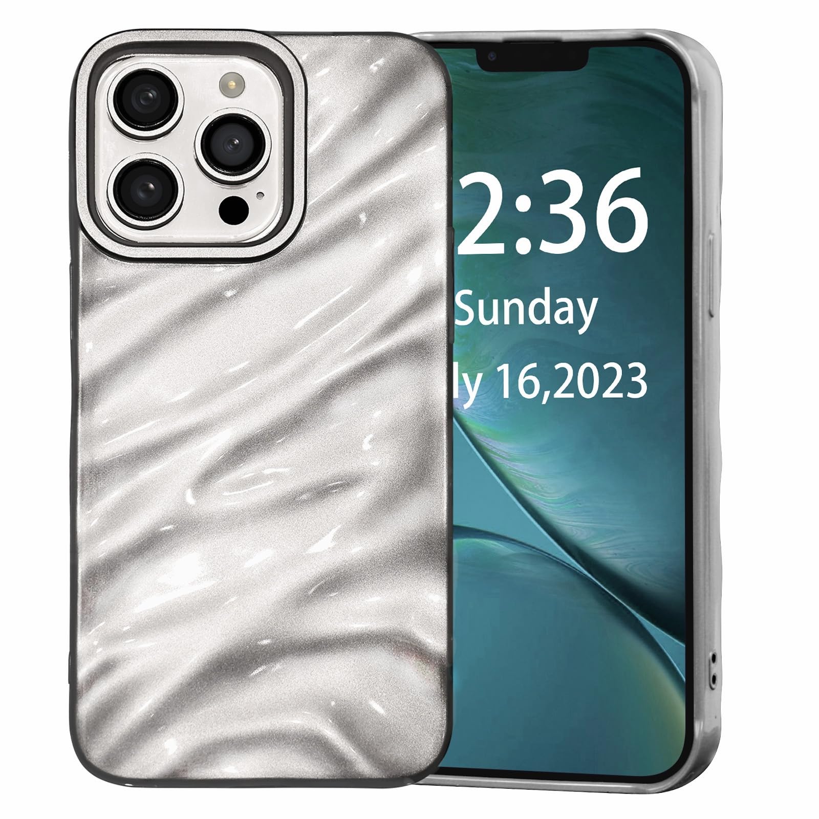 AKABEILA Case for iPhone 15 Pro Max Case 6.7 Inch Water Ripple Pattern TPU Phone Case Slim Shockproof 3D Non-Slip Glitter Sparkle Glossy Cover Silver — image 1