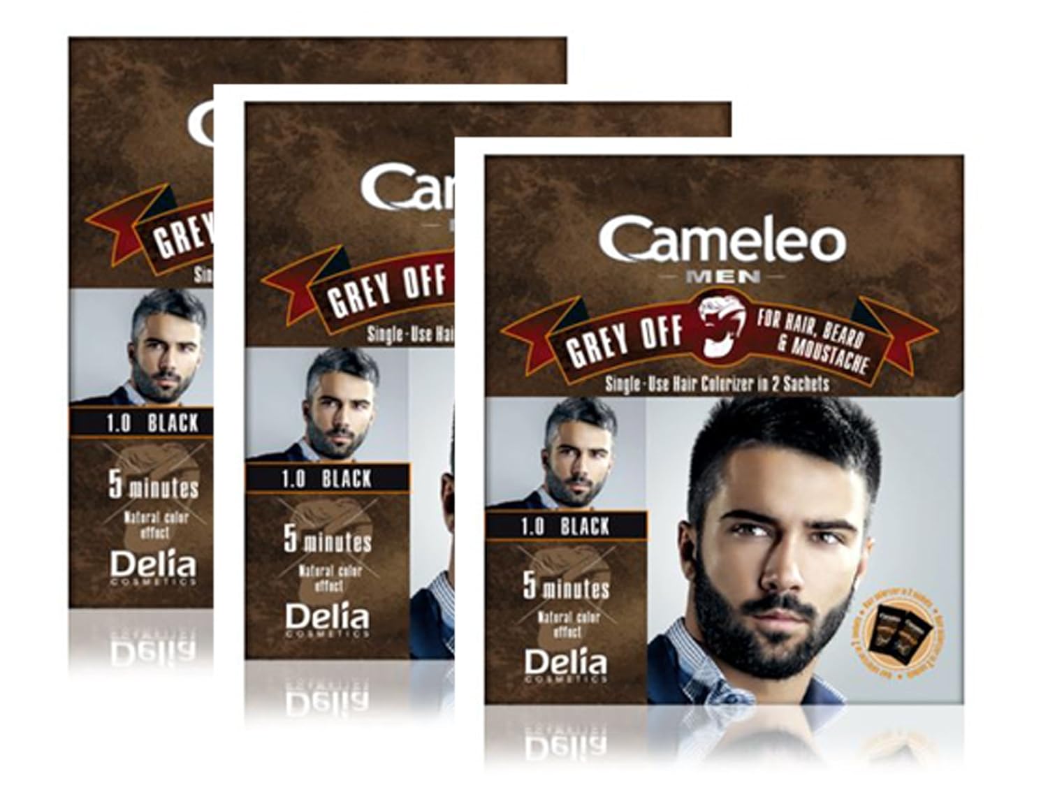 Cameleo Men Hair Beard Mustache Black Color Cream Grey OFF - Ammonia, PPD Free, 5 min (pack of 3)