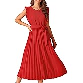 Seta T Women's Pleated Dress Summer Casual Ruffle Flutter Sleeve Crewneck Tie Waist Flowy Midi Dresses