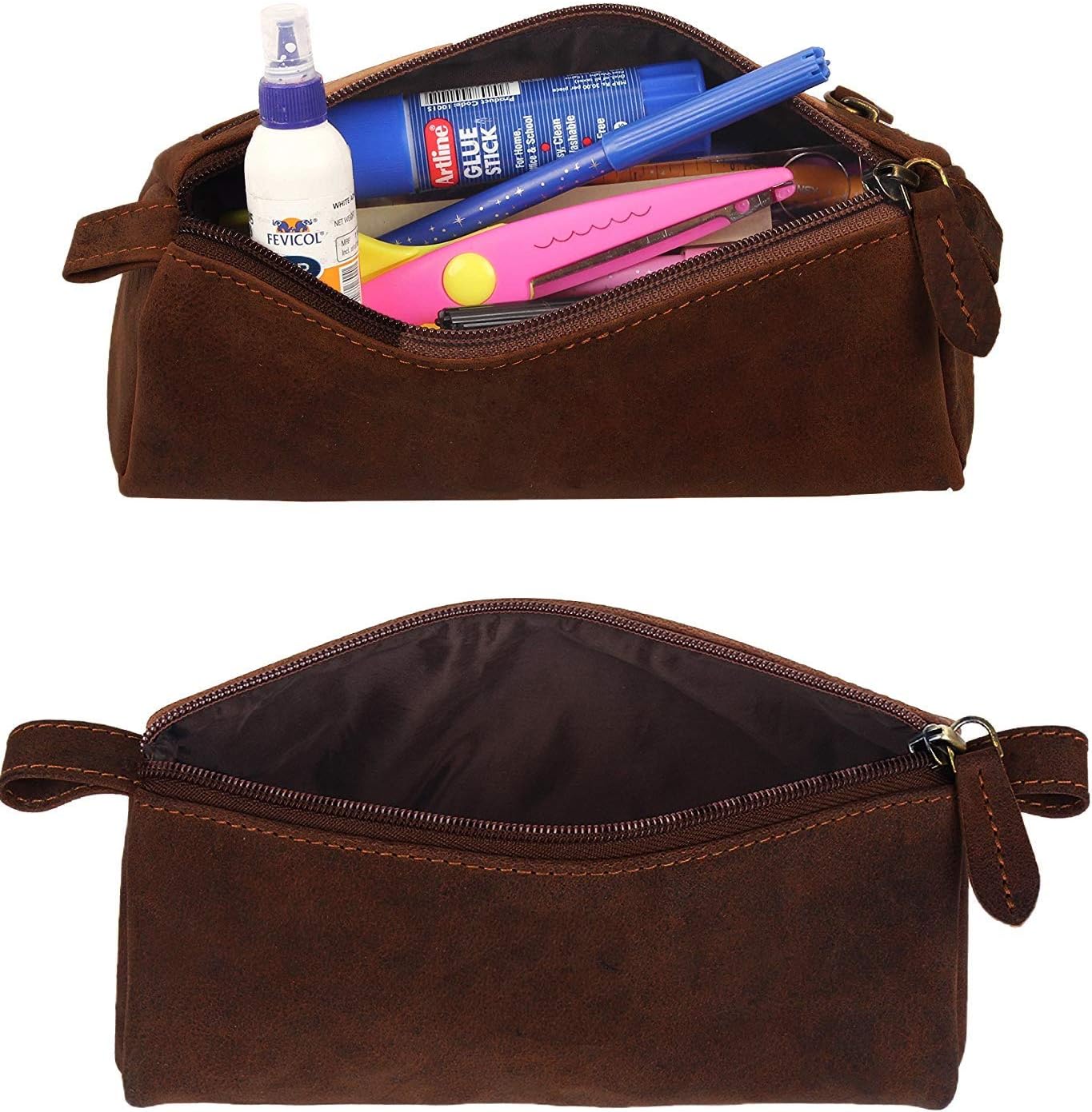 Genuine Vintage Leather Pencil Case Pouch Pen Holder with Zipper Closure Brush Organizer Art Painting Supplies Office Marker Box Ruler Stationery Gift for Students Artist Painter & Writer Colleague - Image 4