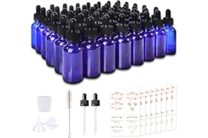 Comrzor 48 Pack 1oz Cobalt Blue Glass Bottles with Glass Eye Droppers for Essential Oils, Perfumes & Lab Chemicals (Brush, Funnels, 2 Extra Droppers, 54 Pieces Labels & 30ml Measuring Cup Included)