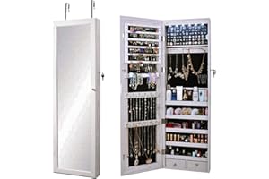 soges Jewelry Cabinet with Full Length Mirror, Lockable Standing Jewelry Armoire Organizer with LED Light, Door Hanging Full 