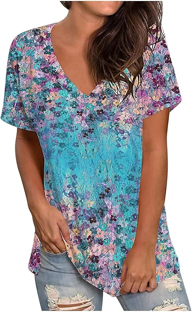 YIERN Damen Sommer V-Ausschnitt T-shirt Blumen Kurzarm Leopardenmuster