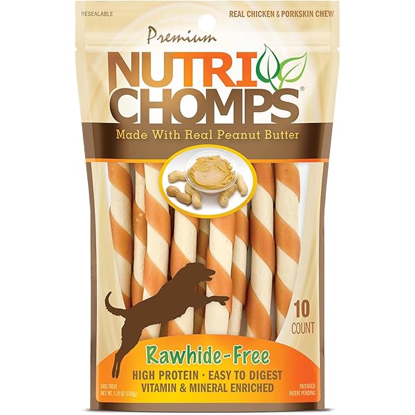 NUTRICHOMPS DOG CHEWS 5-INCH TWISTS, EASY TO DIGEST, RAWHIDE-FREE DOG TREATS, 10 COUNT, REAL PEANUT BUTTER FLAVOR (PACKAGING MAY VARY)