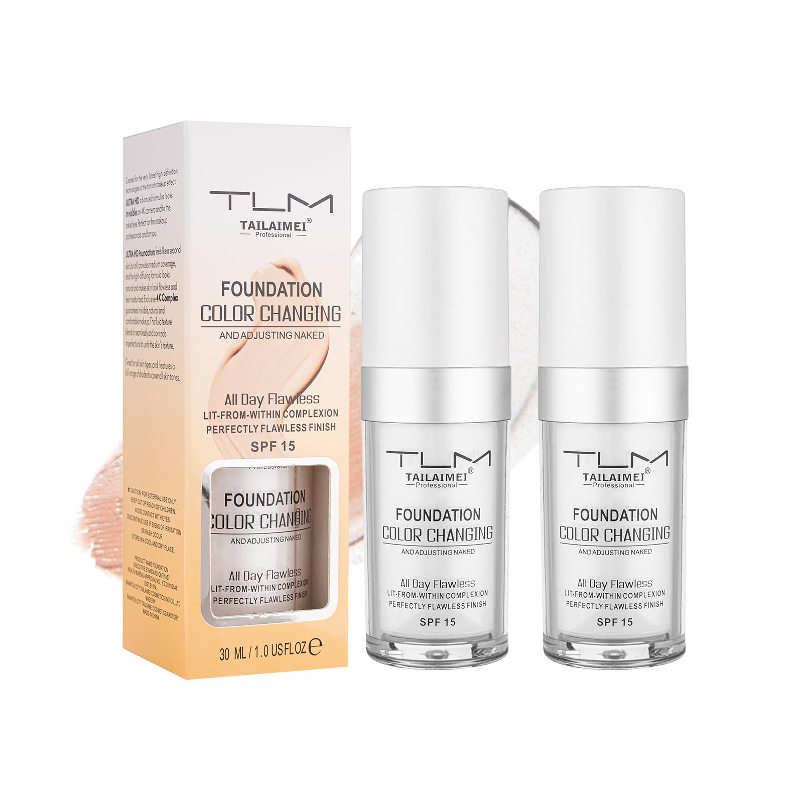 Color Changing Foundation for Color Correction, Even Skin Tone and Coverage of Imperfections for a Natural Facial Look, includes SPF15 Foundation, Full Coverage 30ml x 2pcs