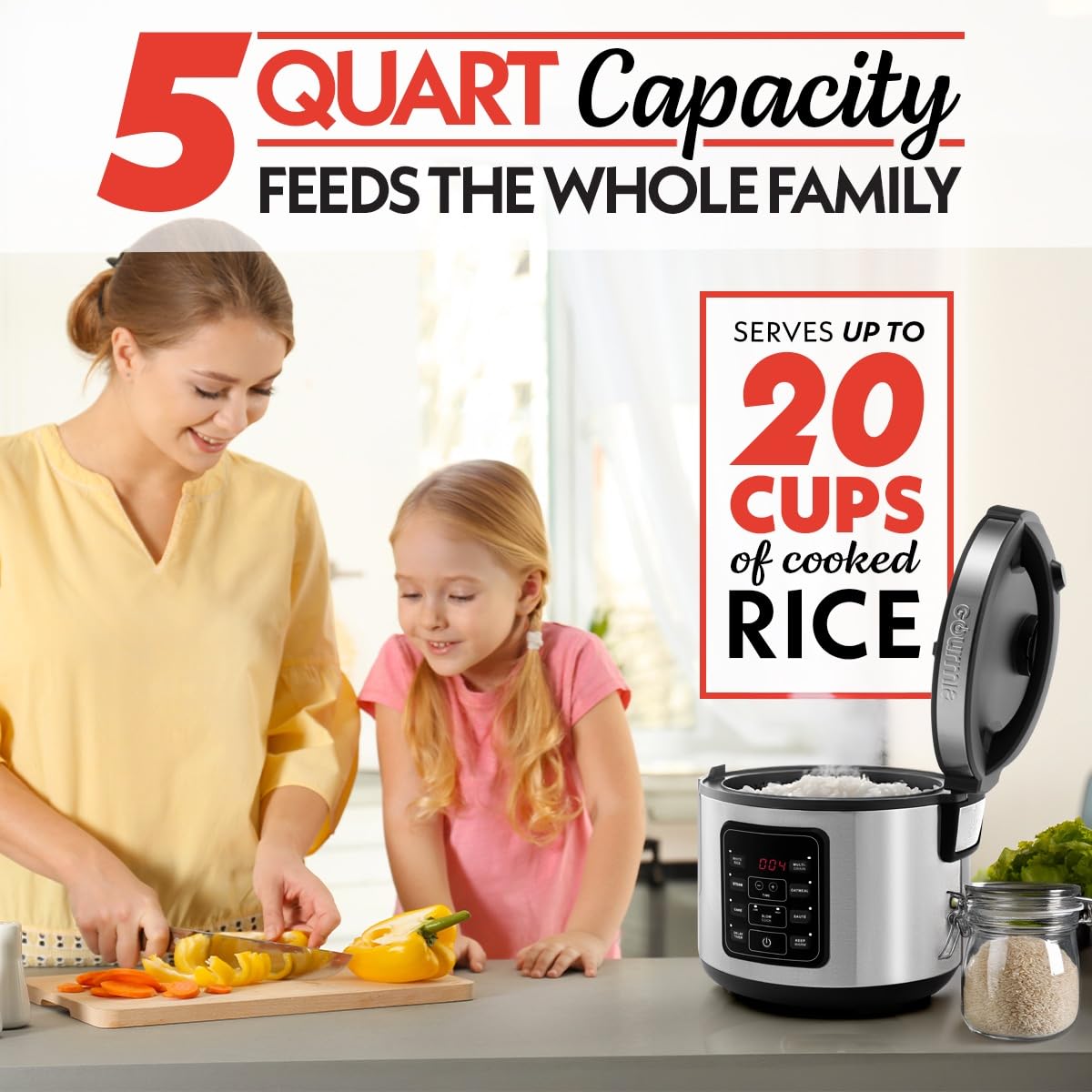 Gourmia Rice Cooker – 5 Qt Capacity, 20 Cup Cooked, 10 Cup Uncooked, Digital Controls, 6 Cooking Presets, Grain Cooker & Steamer, Nonstick Pot, Steam Tray, Delay Timer, Keep Warm, Stainless Steel