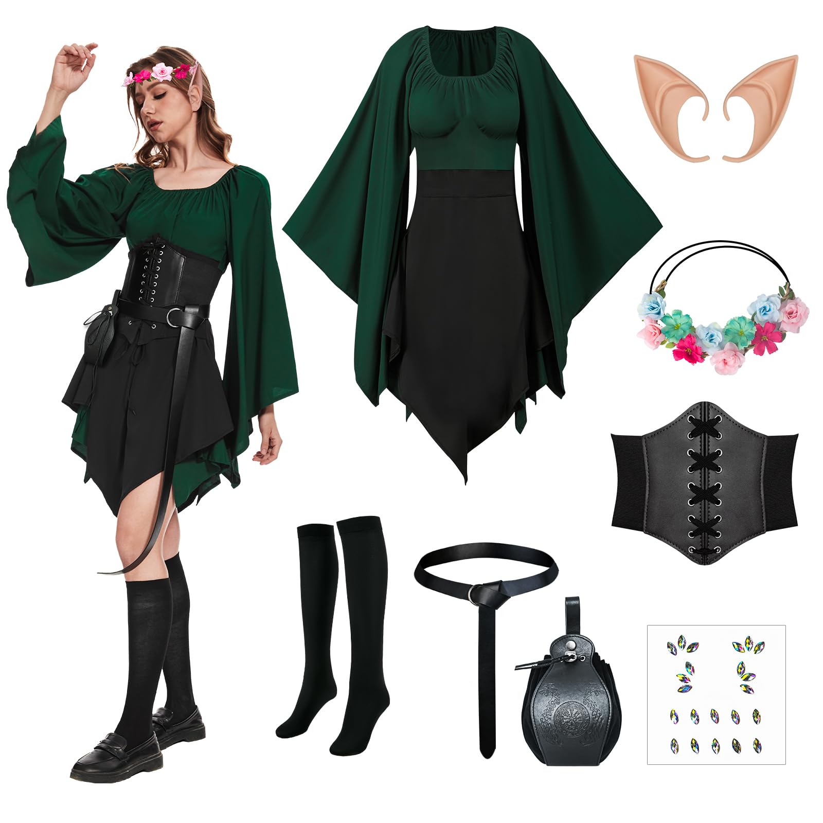 OPAEHJF 8PCS Women Medieval Dress Traditional Irish Dress Renaissance Elf Ear Costume Halloween Victorian Cosplay Dress (Green, XL)
