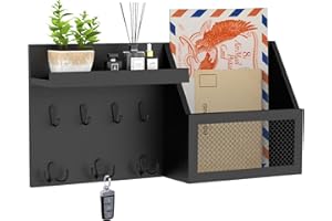 Luban Nese Key Holder for Wall with Wooden Picture Frame, 16 X 8 Mail Organizer Wall Mount with Hooks and Shelf, Rustic Wood Key Hanger Key Rack for Entryway and Home Decor, Black