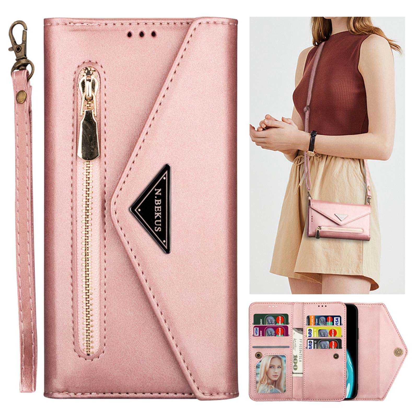 SUMOON Samsung A71 Crossbody Phone Pouch with Lanyard PU Leather Folio Magnetic Flip Cover with Card Holder Soft TPU Protective Phone Case for Women Men Galaxy A71 Zipper Money Wallet Purse Case Pink