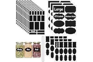 PEASUG 273 Pcs Labels for Jars, Waterproof Reusable Chalkboard Labels for Food Containers, Bottles, Blackboard Stickers with 1 Erasable Chalk Marker (Black)