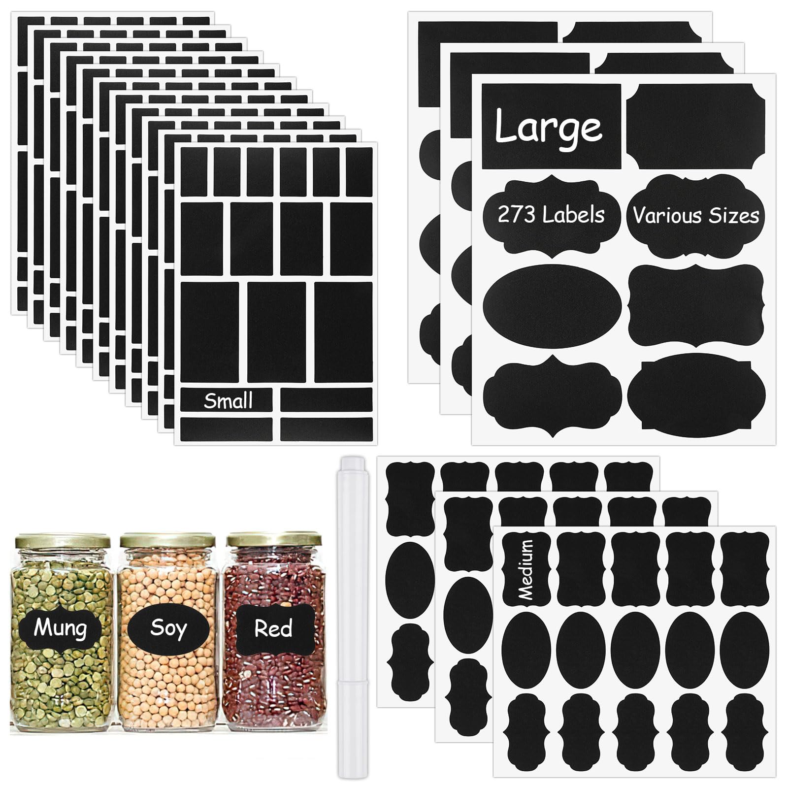 Photo 1 of 273 Pcs Labels for Jars, Waterproof Reusable Chalkboard Labels for Food Containers, Bottles, Blackboard Stickers with 1 Erasable Chalk Marker (Black)