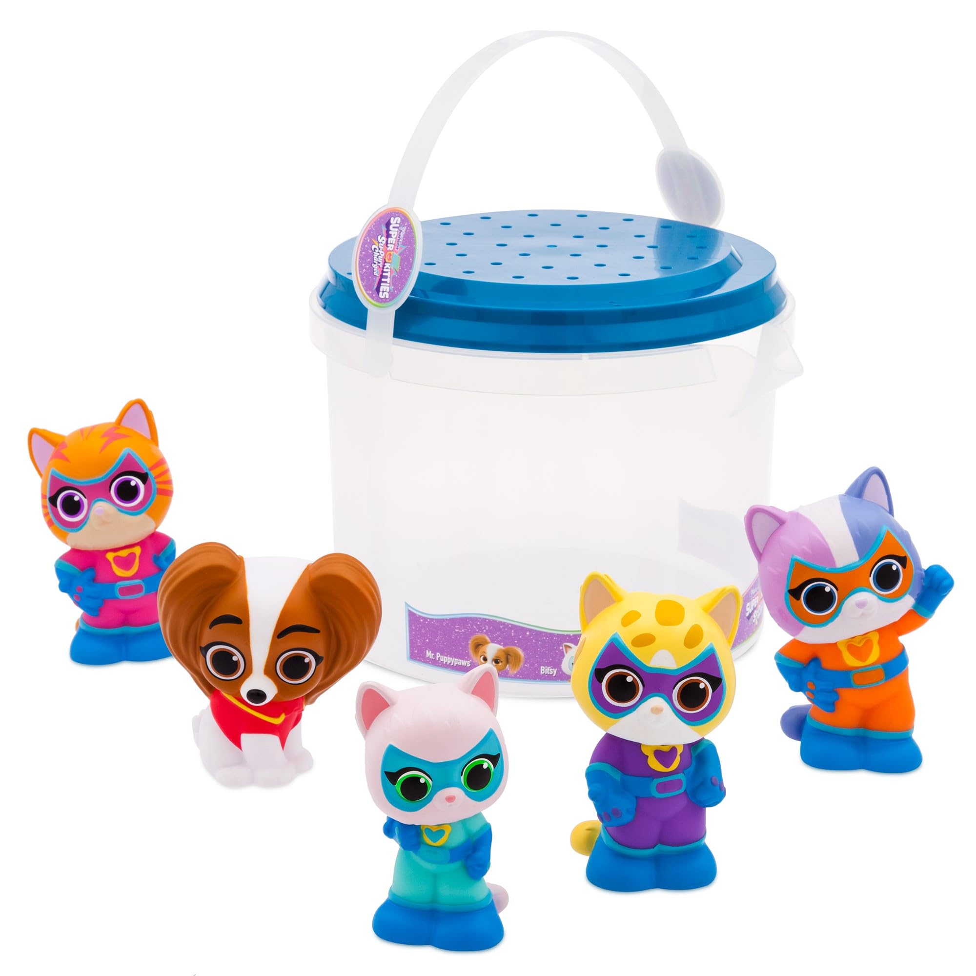 Disney Store Official SuperKitties Bath Toy Set, 5 pc, Including Bitsy, Ginny, Sparks, Buddy & Mr. Puppypaws, Bucket with Straining Lid, For Bath, Paddling Pool & Garden Toy, 6 months+