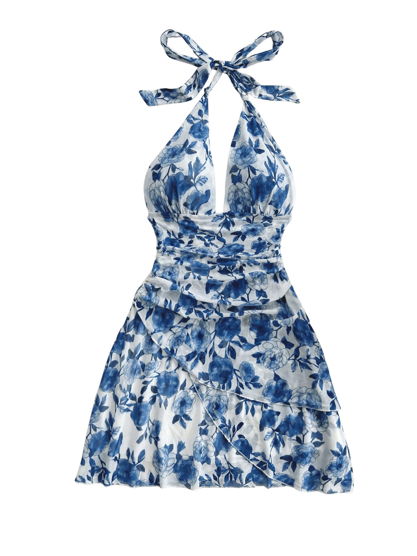 BEAUDRM Women's Floral Print Sleeveless Halter Deep