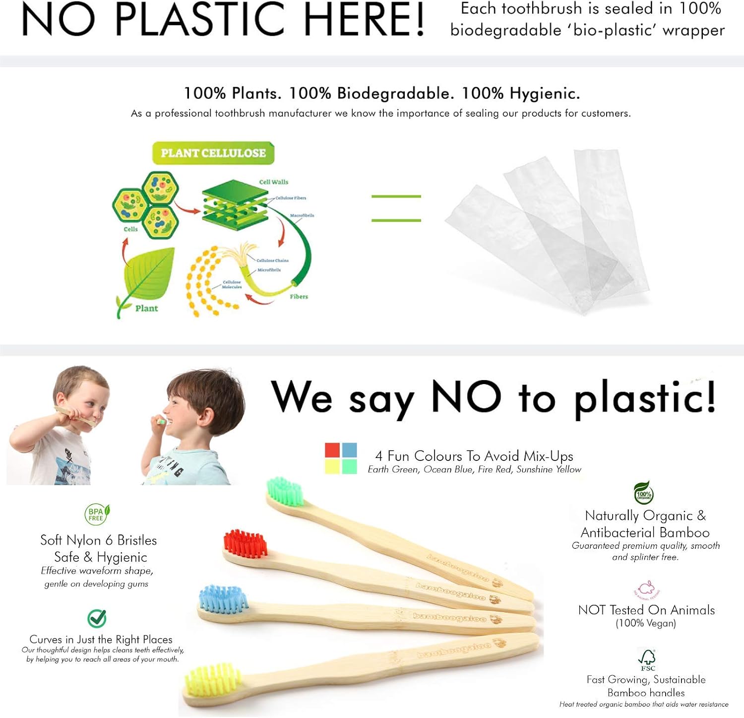 BAMBOOGALOO Kids Bamboo Toothbrush Set, 4 Pack Organic Rainbow Kids Toothbrushes & Ultra-Soft Cotton Swabs - Image 5