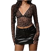 BEAUDRM Women's Y2k Leopard Print T Shirt V Neck Long Sleeve Fitted Cheetah Tee Mesh Sheer Crop Tops