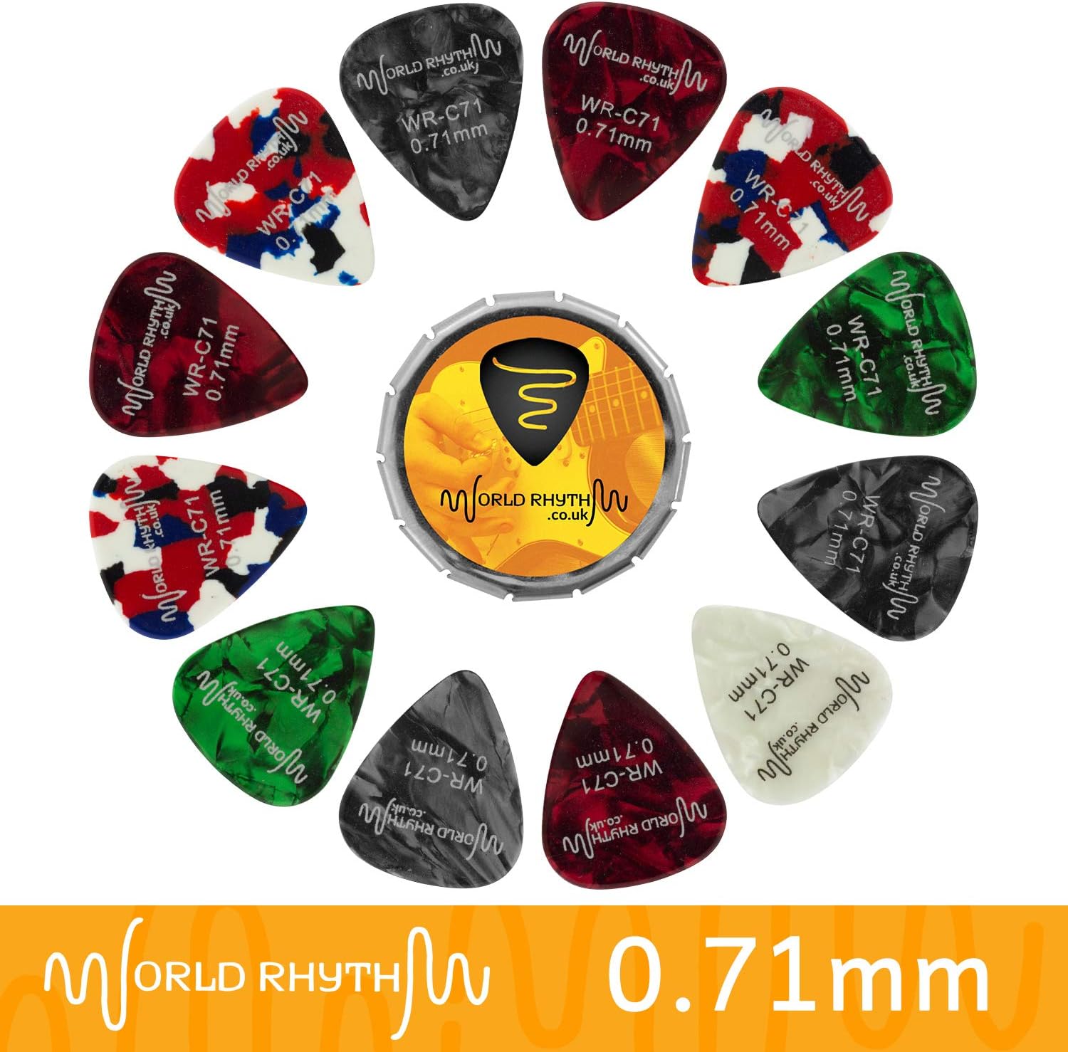 World Rhythm 0.71mm Guitar Picks - 12 Celluloid Guitar Plectrums & Storage Tin - Range of Colours/Designs