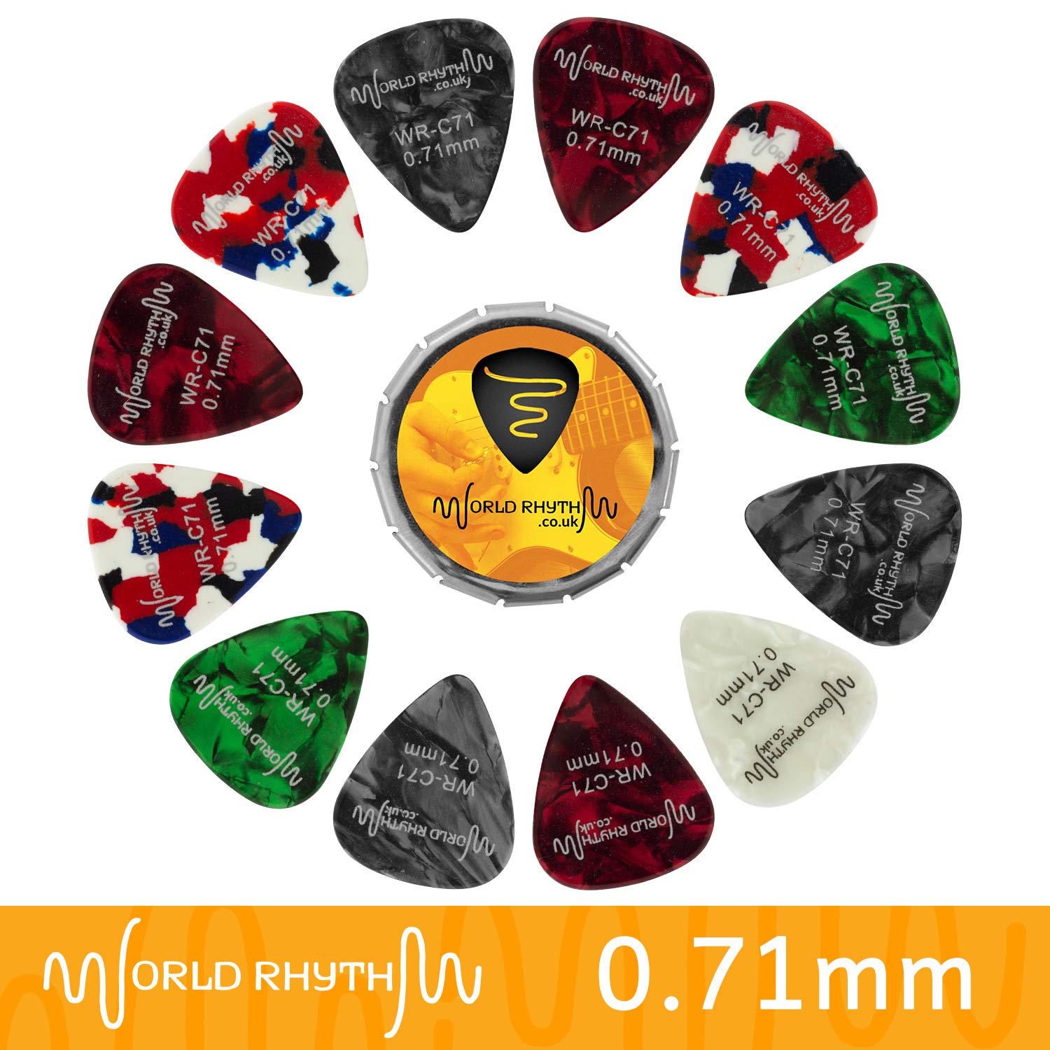 World Rhythm WR-C71 Guitar Picks with Storage Tin - 12 0.71mm Celluloid Guitar Plectrums