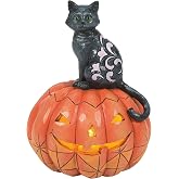 Enesco Jim Shore Heartwood Creek Halloween Black Cat Sitting on Pumpkin Lit Figurine- Stone Resin Hand Painted Crafted Collectible Halloween Figurines with Lights Home Decor Statue, 5.04 Inch