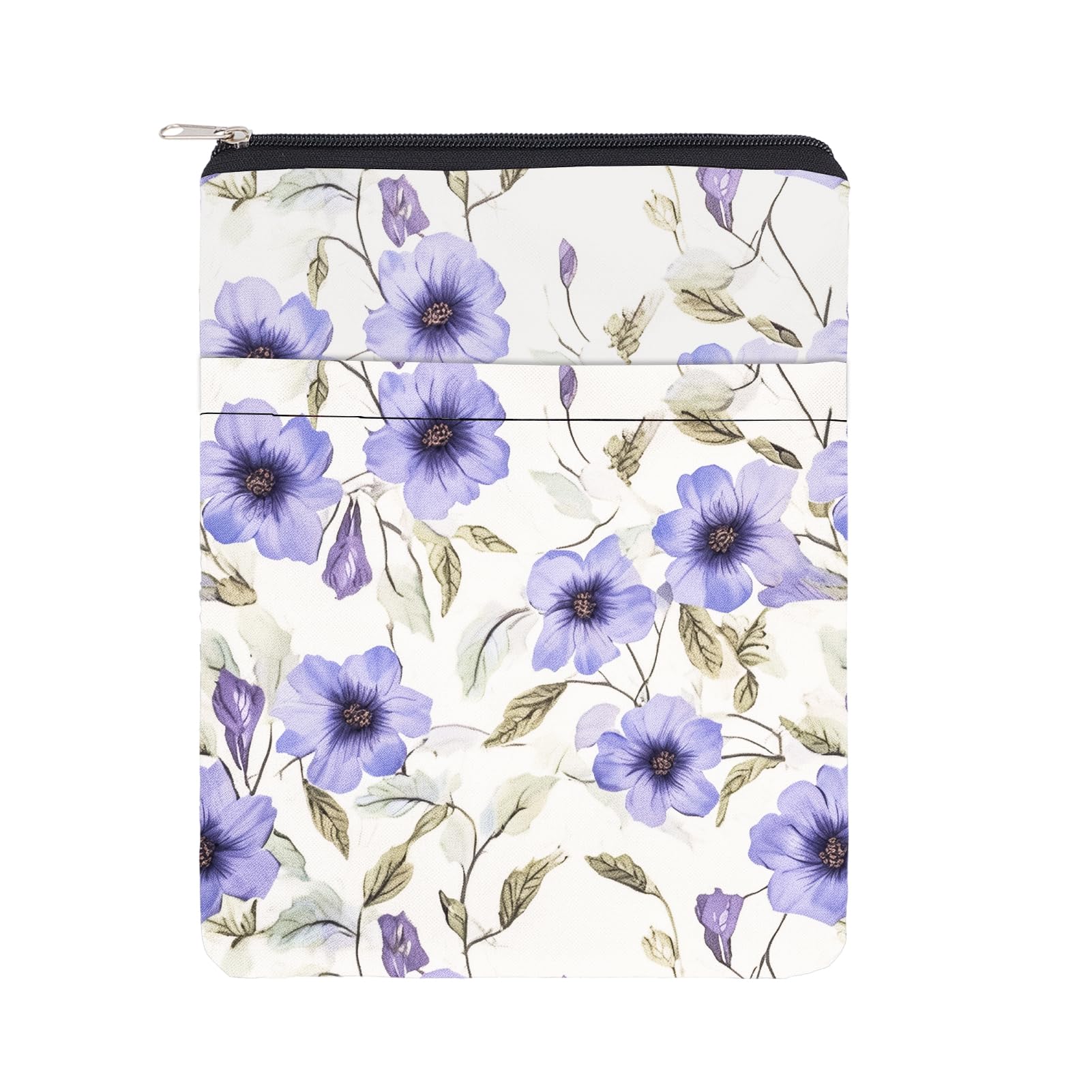 NICENEEDED Blue Flower Pouch with Front Pocket, Portable Waterproof Book Sleeve with Zipper, Washable Protector for Notebooks, Hardcover and Paperback