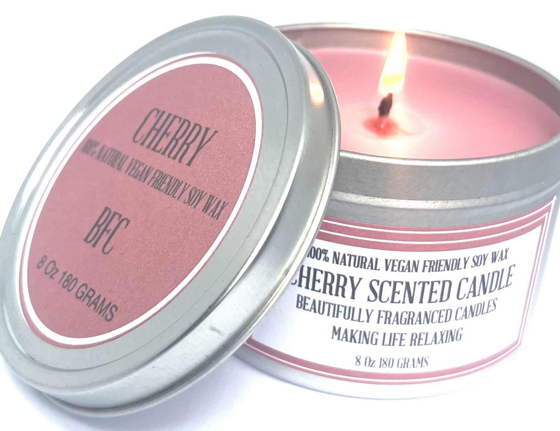 Cherry Scented Soy Wax Candle - HANDMADE BFC - Cherry Scented 36 Hours Burn Time 8 Oz 180 Grams Soy Wax Candle Silver Brush Finish Tin. Cherry Scented