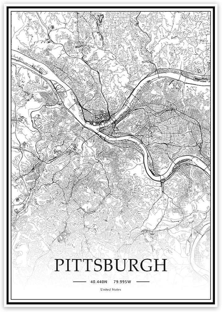 USA Pittsburgh Black&White Minimalist Art 20×28 City Map Painting Poster Home Decor Gift