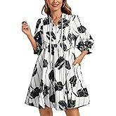 EZAPINE Women Floral Babydoll Mini Dress V Neck 3/4 Puff Sleeves A Line Flowy Swing Summer Sun Dresses