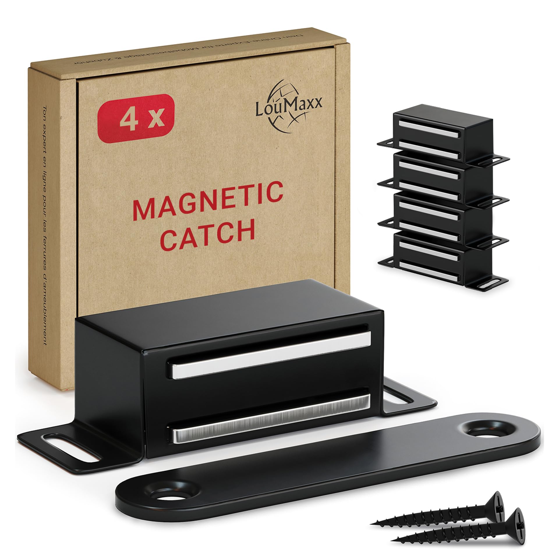LouMaxx magnetic catch strong - holding force 4kg - set of 4 in black - cupboard magnet - furniture magnets - door magnetic catch stainless steel - magnetic holder cupboard door for secure hold