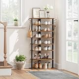 HOOBRO Tall Narrow Wooden Shoe Rack 8-Tier with 2 Hooks Rustic Brown view 4