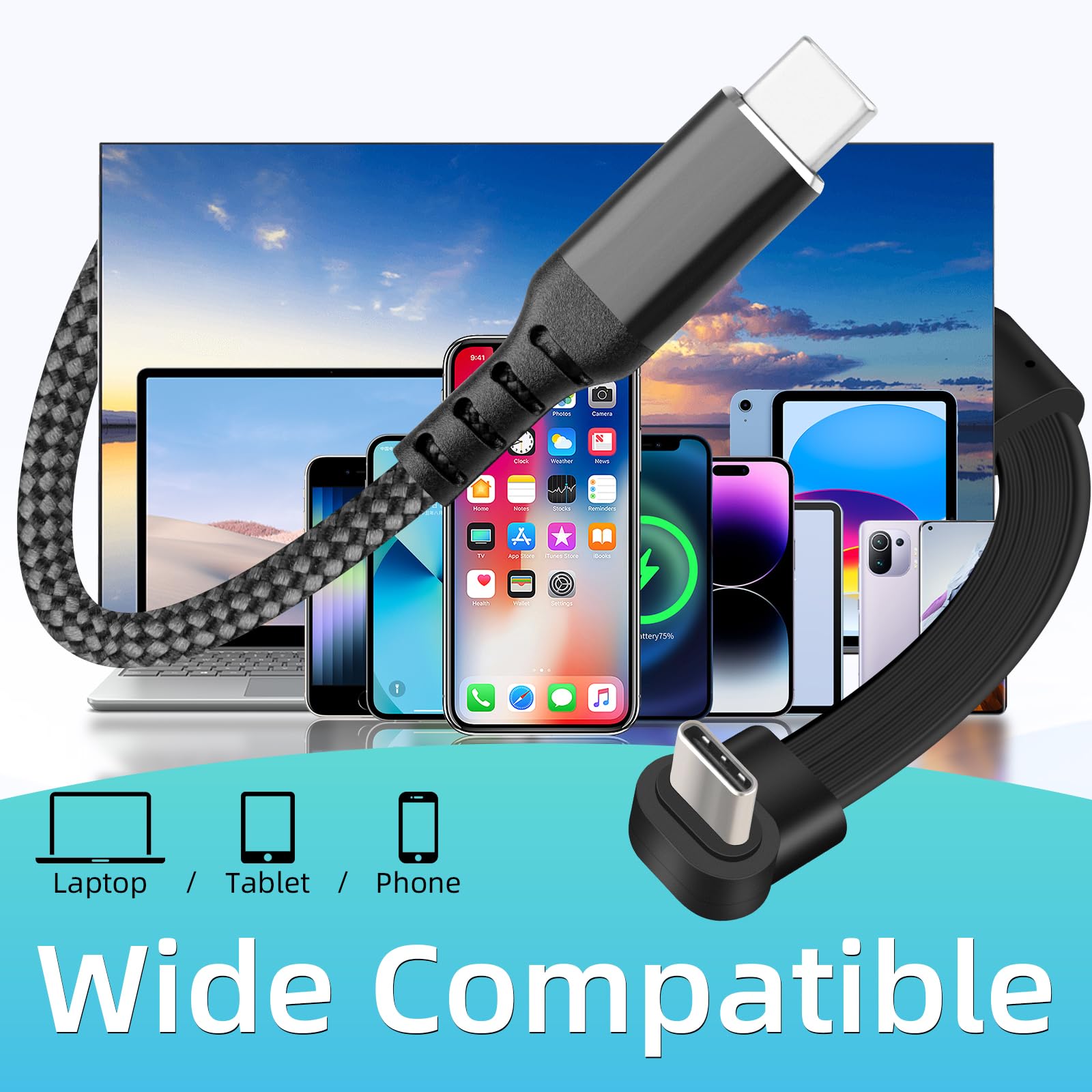 GELRHONR 90° USB-C Kabel, 60W Schnellladekabel mit Rechtwinkligem Anschluss, Flaches Nylon-Geflochtenes Typ-C Ladekabel für Telefone, Tablets, Laptops, 2M/6.5ft (USB C 1M) 7